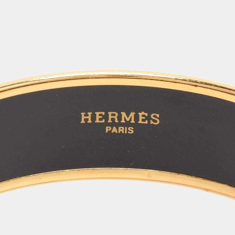 Pre Owned Hermes Brown Alphabet Russe Enamel Gold Plated Wide Bangle Bracelet
