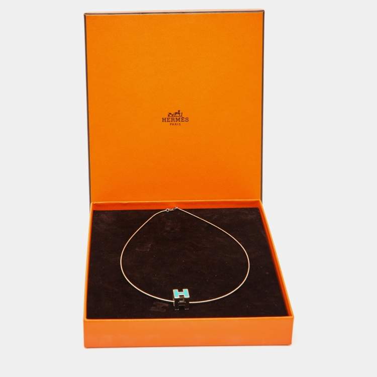 Pre Owned Hermès Cage d'H Cyan Lacquered Palladium Plated Pendant Necklace