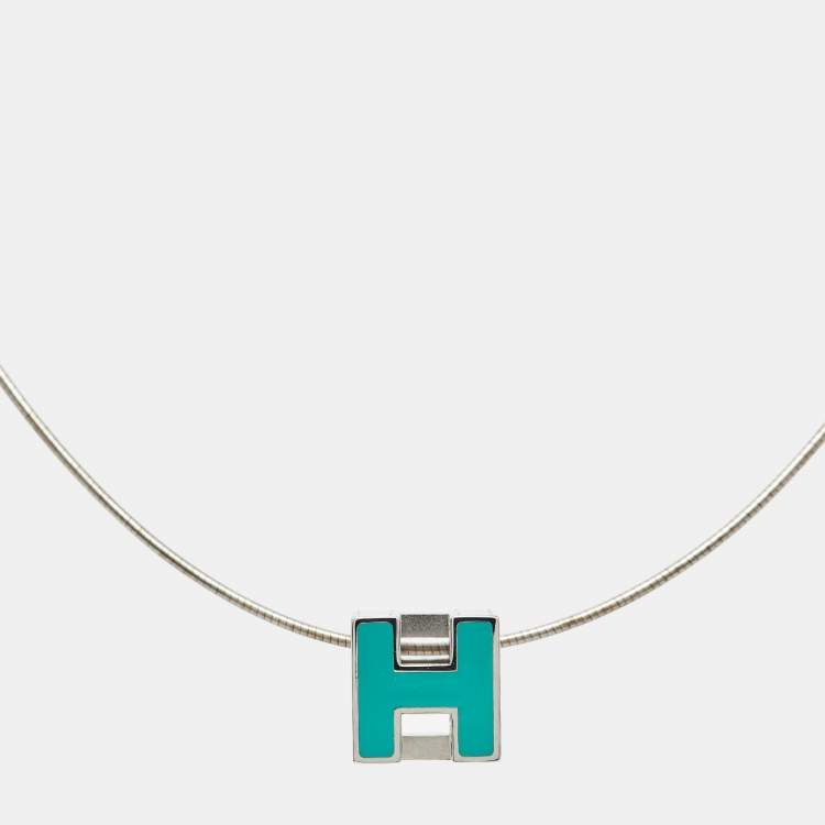 Pre Owned Hermès Cage d'H Cyan Lacquered Palladium Plated Pendant Necklace
