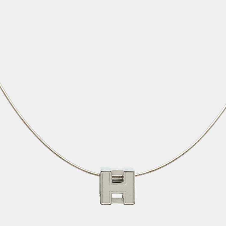 Pre Owned Hermès Cage d'H Cyan Lacquered Palladium Plated Pendant Necklace