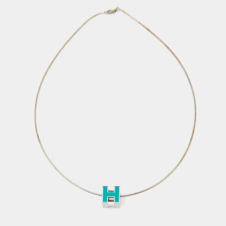 Pre Owned Hermès Cage d'H Cyan Lacquered Palladium Plated Pendant Necklace