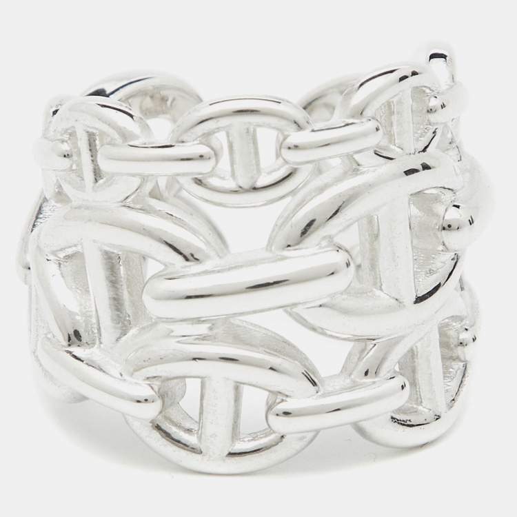 Pre Owned Hermes Chaine d'ancre Enchainee Sterling Silver Wide Open Band Ring 51