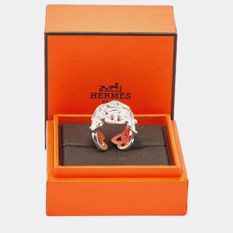 Pre Owned Hermes Chaine d'ancre Enchainee Sterling Silver Wide Open Band Ring 51