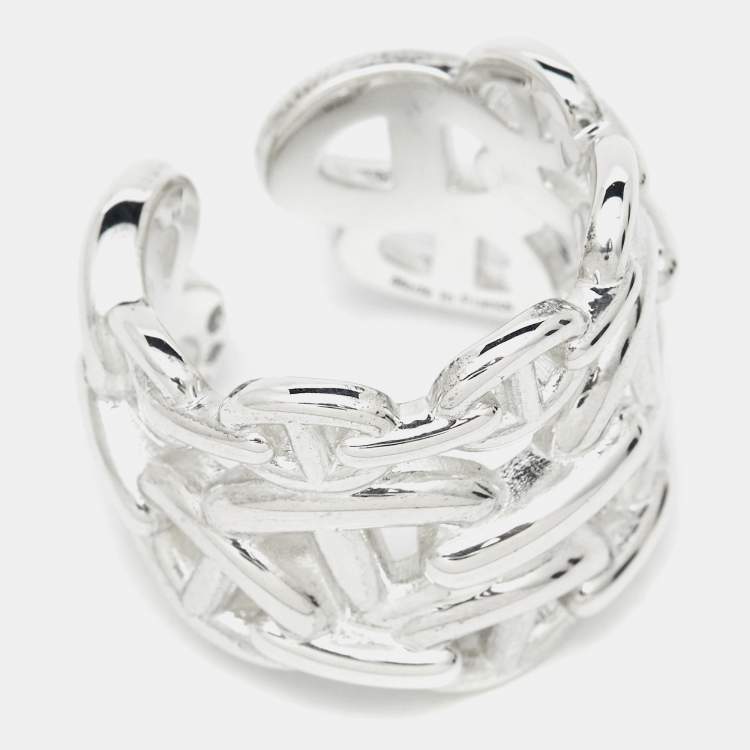 Pre Owned Hermes Chaine d'ancre Enchainee Sterling Silver Wide Open Band Ring 51