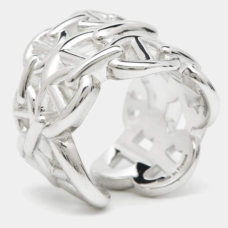 Pre Owned Hermes Chaine d'ancre Enchainee Sterling Silver Wide Open Band Ring 51