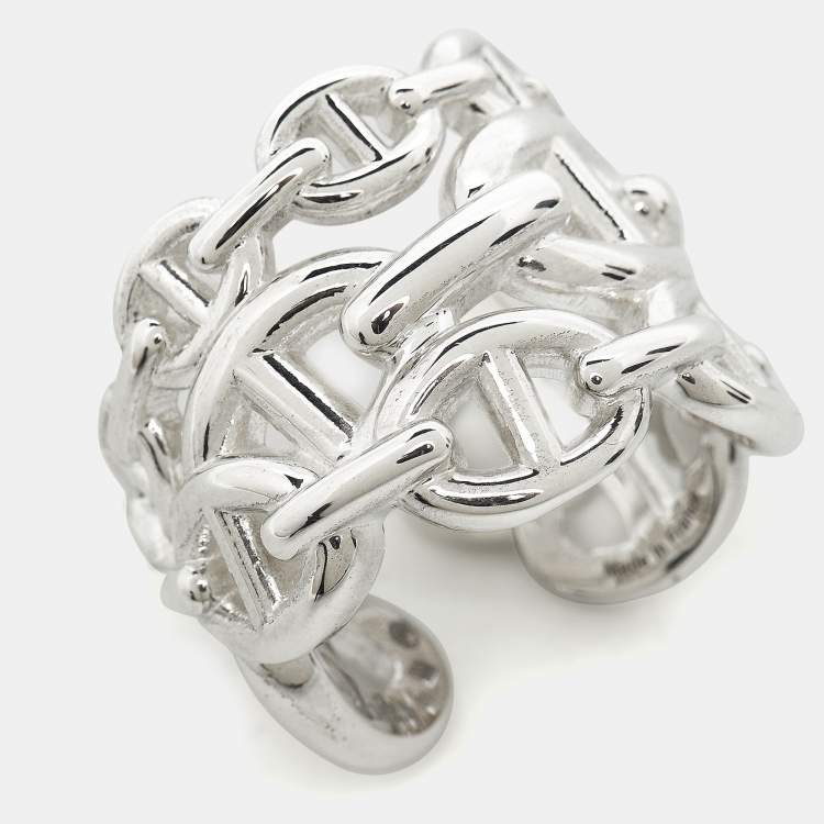 Pre Owned Hermes Chaine d'ancre Enchainee Sterling Silver Wide Open Band Ring 51