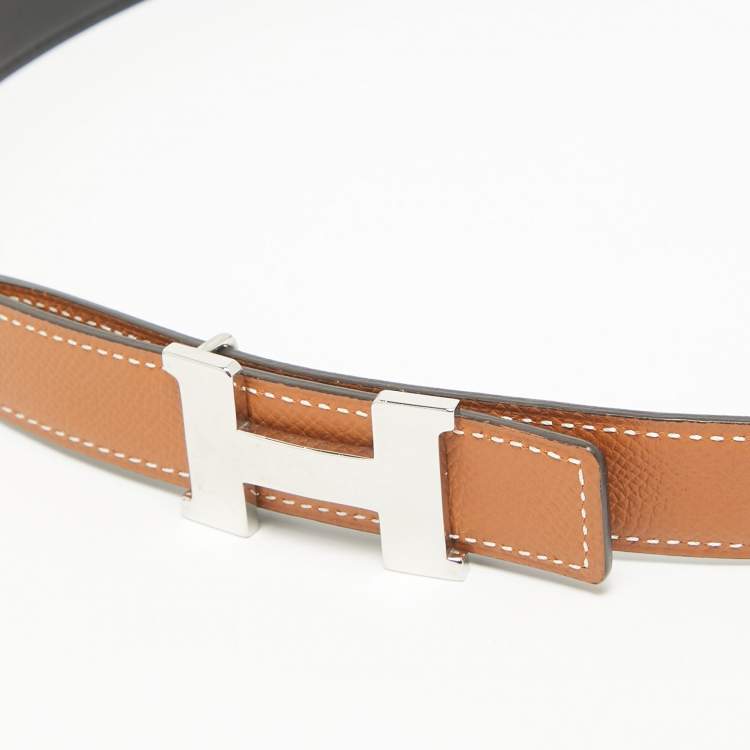 Pre Owned Hermes Gold/Noir Epsom and Swift Leather Constance Reversible Belt 75 CM