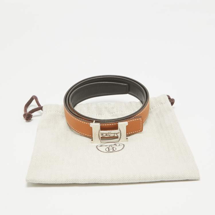 Pre Owned Hermes Gold/Noir Epsom and Swift Leather Constance Reversible Belt 75 CM