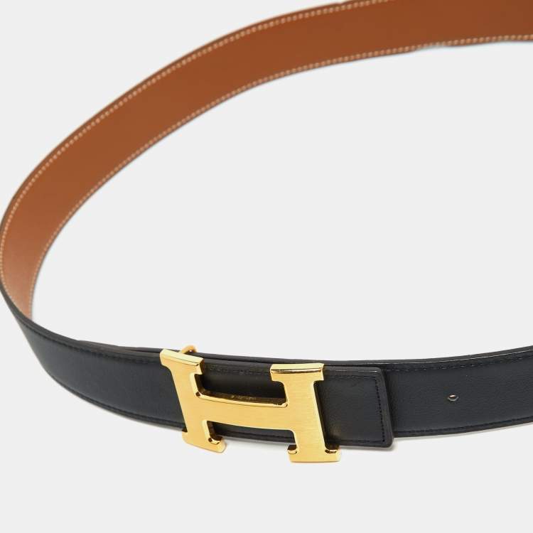 Pre Owned Hermes Black/Gold Swift and Epsom Leather Constance Reversible Belt 90CM