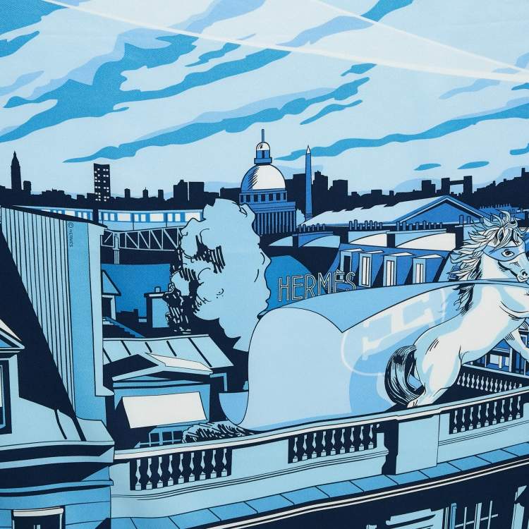 Pre Owned Hermes Blue Minuit Au Faubourg 70 Silk Scarf