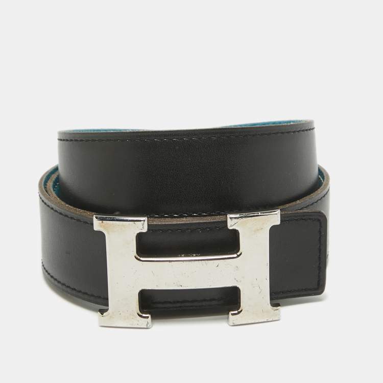 Pre Owned Hermes Bleu Jean/Noir Togo and Chamonix Leather H Buckle Reversible Belt 78 CM
