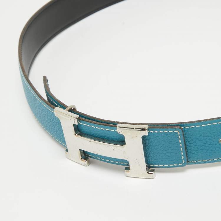 Pre Owned Hermes Bleu Jean/Noir Togo and Chamonix Leather H Buckle Reversible Belt 78 CM