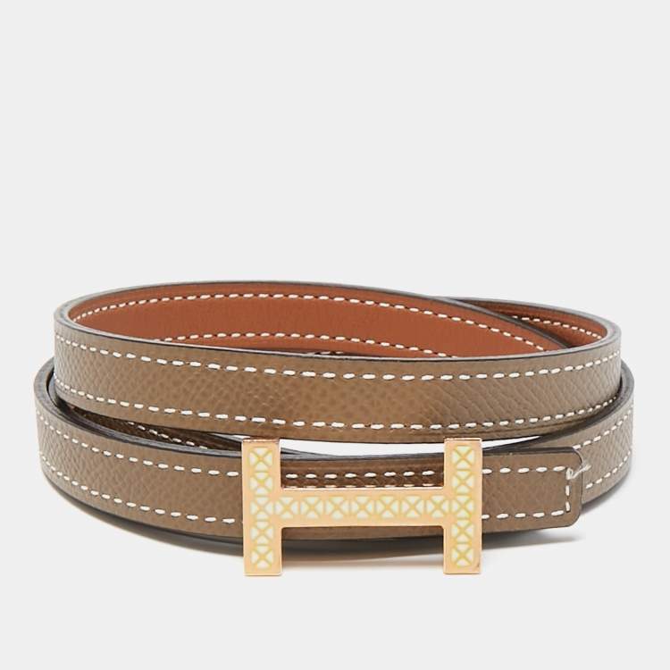 Pre Owned Hermes Gold/Etoupe Swift and Epsom Leather Focus Medor Laquee Belt 85 CM