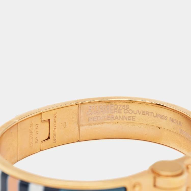 Pre Owned Hermes Charniere Couvertures Nouvelles Enamel Gold Plated Hinged Bracelet 