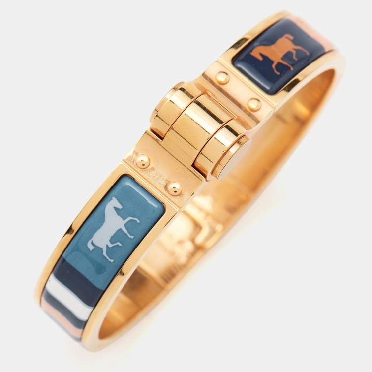 Pre Owned Hermes Charniere Couvertures Nouvelles Enamel Gold Plated Hinged Bracelet 