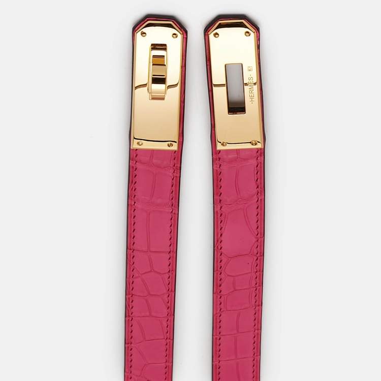 Pre Owned Hermès Rose Shocking Alligator Gold Tone Finish Kelly 18 Belt Adjustable