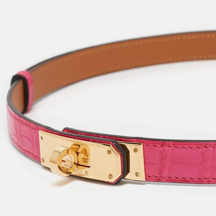 Pre Owned Hermès Rose Shocking Alligator Gold Tone Finish Kelly 18 Belt Adjustable