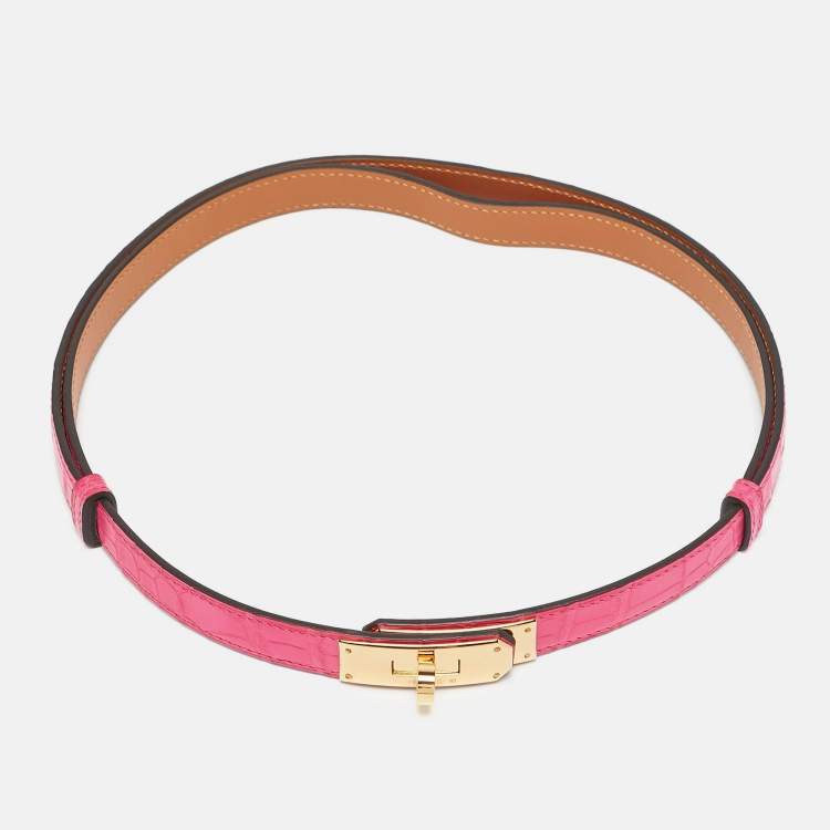 Pre Owned Hermès Rose Shocking Alligator Gold Tone Finish Kelly 18 Belt Adjustable
