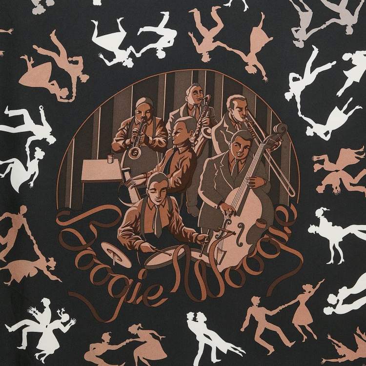 Pre Owned Hermes Black Print Silk Boogie Woogie Scarf 