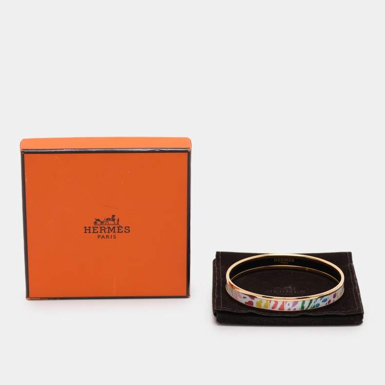 Pre Owned Hermes Multicolor  Jungle Love Rainbow Printed Gold Plated Narrow Bangle Bracelet