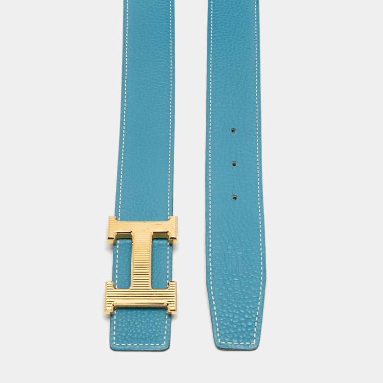 Pre Owned Hermes Bleu Jean/Noir Togo and Chamonix Leather H Striee Buckle Reversible Belt 85 CM