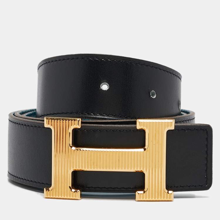 Pre Owned Hermes Bleu Jean/Noir Togo and Chamonix Leather H Striee Buckle Reversible Belt 85 CM