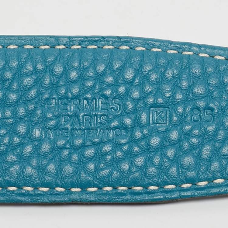 Pre Owned Hermes Bleu Jean/Noir Togo and Chamonix Leather H Striee Buckle Reversible Belt 85 CM