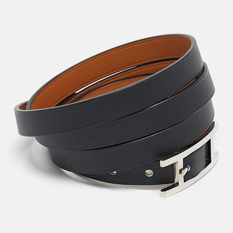 Pre Owned Hermes Hapi  Black Leather Palladium Plated 4 Quad Tour Bracelet