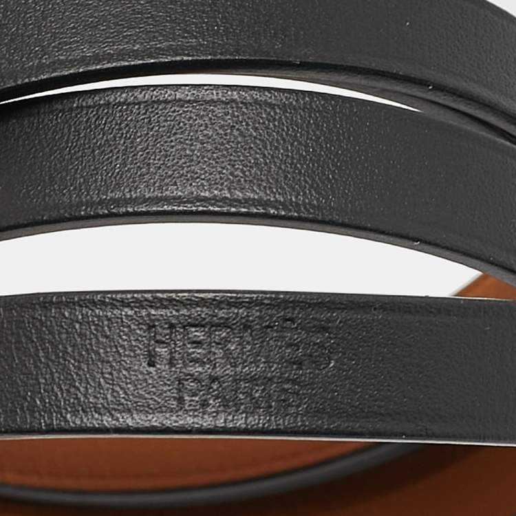 Pre Owned Hermes Hapi  Black Leather Palladium Plated 4 Quad Tour Bracelet