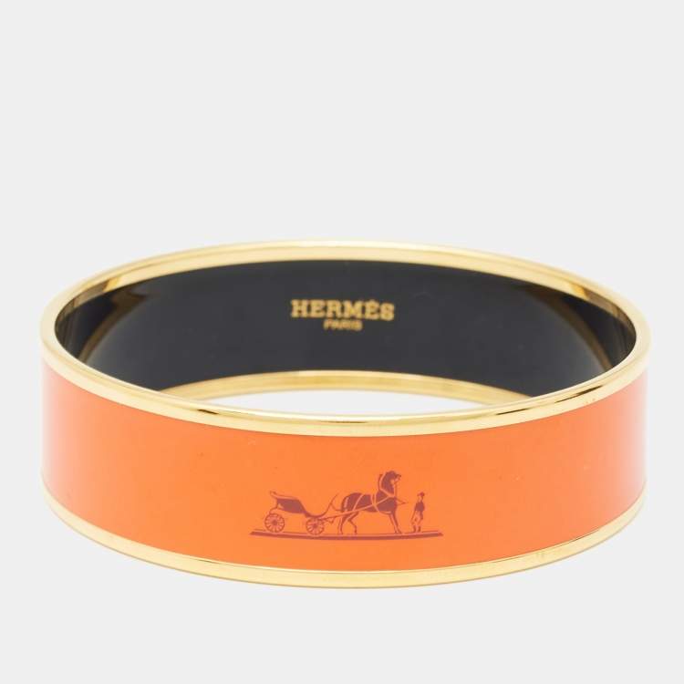 Pre Owned Hermès Orange Enamel Printed Caleche Gold Tone Wide Bracelet