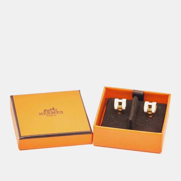 Pre Owned Hermes Pop H White Enamel Gold Plated Earrings