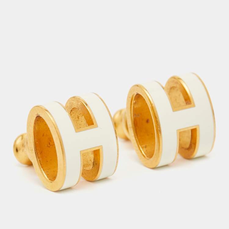 Pre Owned Hermes Pop H White Enamel Gold Plated Earrings