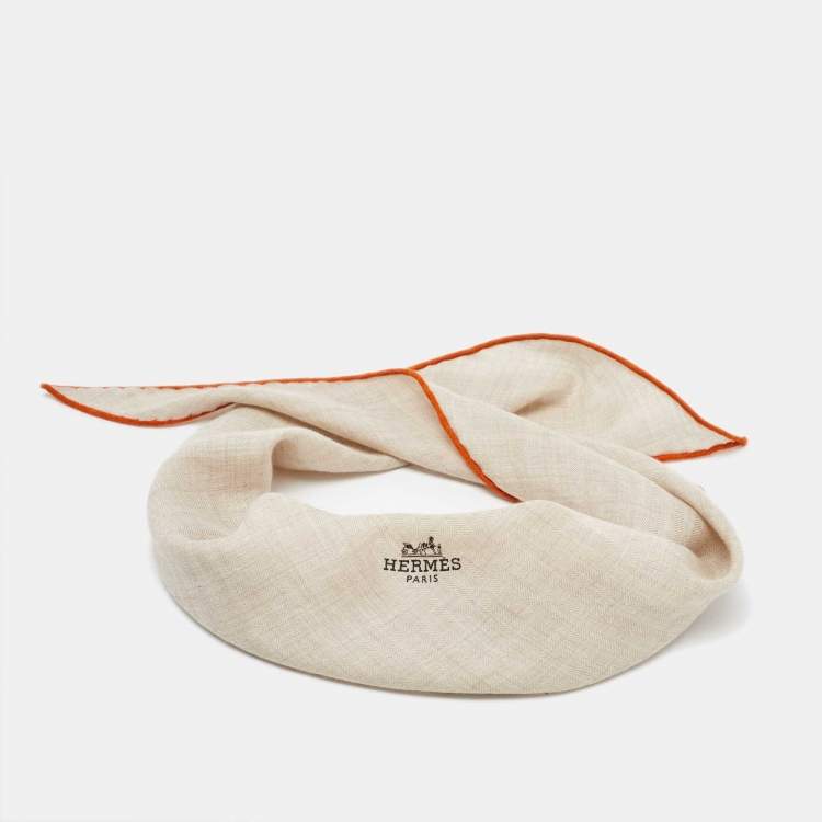 Pre Owned Hermès Beige Silk Contrast Edged Logo Print Mini Losange Scarf