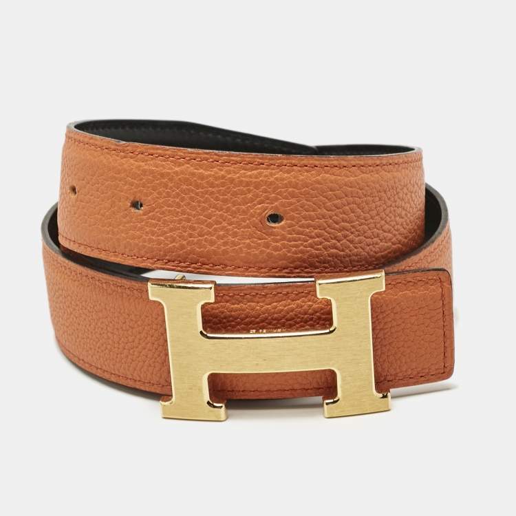 Pre Owned Hermes Orange/Black Togo and Box Leather H Buckle Reversible Buckle Belt 75CM