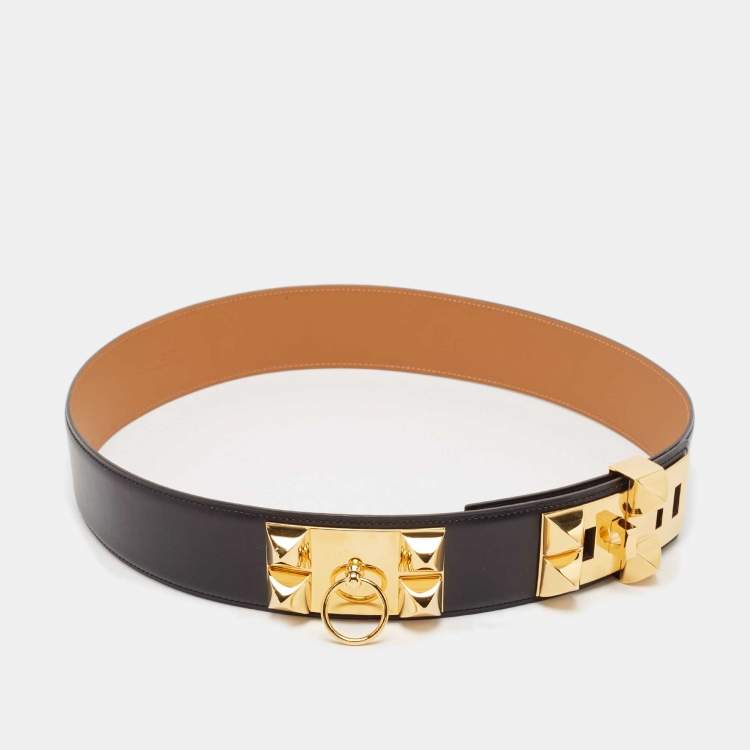 Pre Owned Hermes Noir Box Leather Collier de Chien Belt 85 CM