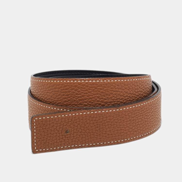 Pre Owned Hermès Noir/Gold Box and Togo Leather Reversible Belt Strap 85 CM