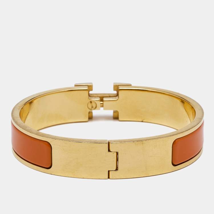 Pre Owned Hermès Clic H Orange Enamel Gold Plated Bracelet