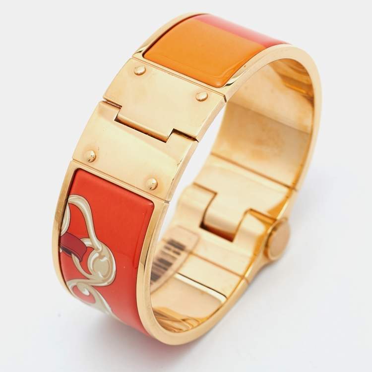 مملوكة مسبقًا Hermes Hinged Orange Enamel Rose Gold Plated Bracelet