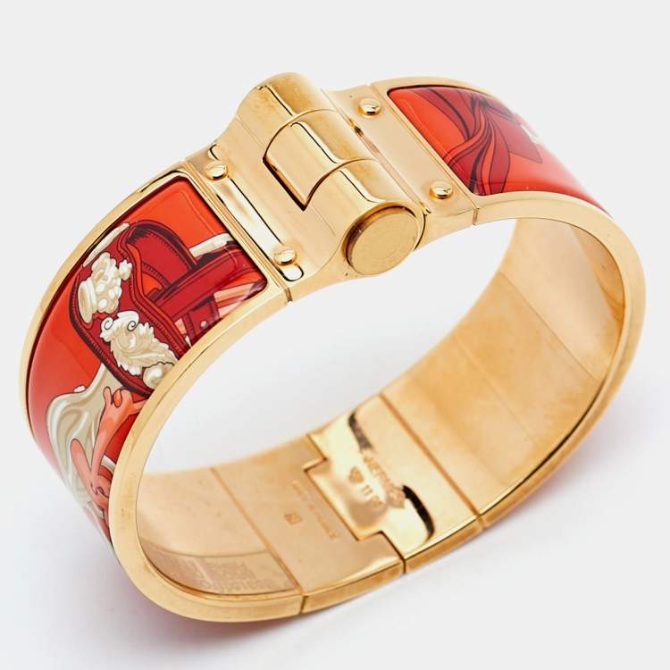 مملوكة مسبقًا Hermes Hinged Orange Enamel Rose Gold Plated Bracelet