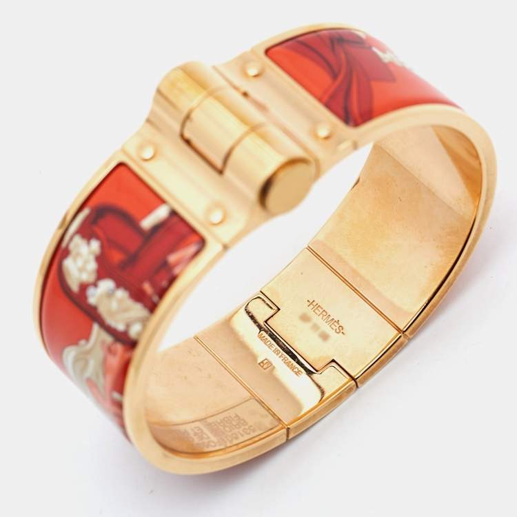 مملوكة مسبقًا Hermes Hinged Orange Enamel Rose Gold Plated Bracelet