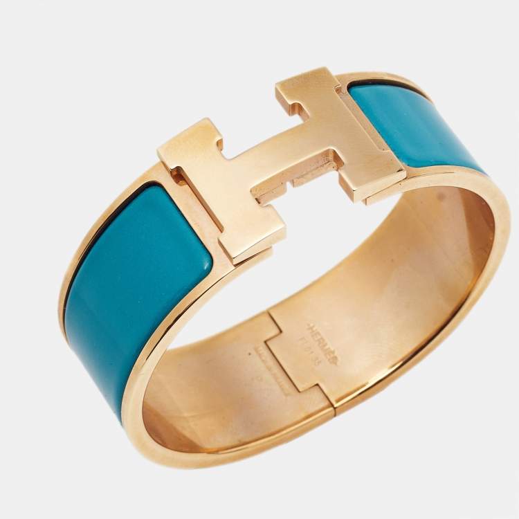 Pre Owned Hermès Clic Clac H Blue Enamel Rose Gold Plated Bracelet