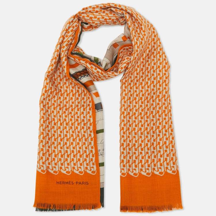 Pre Owned Hermès Multicolor/Orange Printed Cashmere Blend Rectangular Scarf 