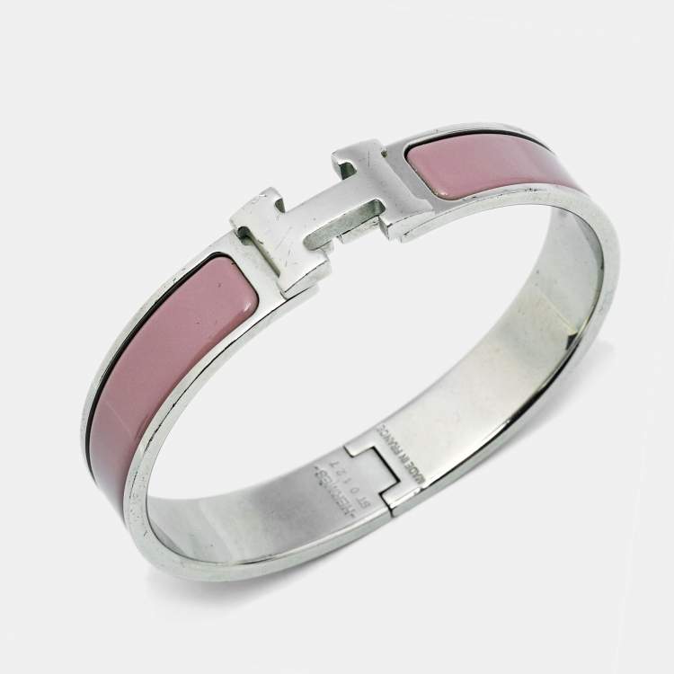 Pre Owned Hermès Clic H Pink Enamel Palladium Plated Bracelet