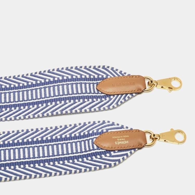 Pre Owned Hermès Bleu Brighton/Ecru/Gold Canvas and Swift Leather Sangle Cavale Shoulder Bag Strap