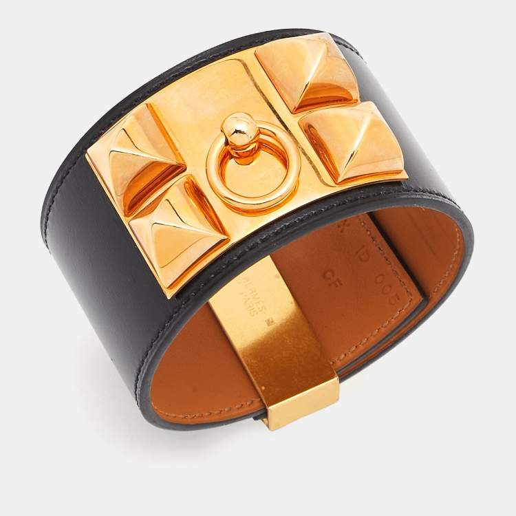 مملوكة مسبقًا Hermes Collier De Chien Black Leather Rose Gold Plated Bracelet