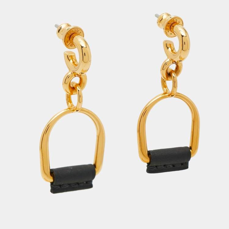 Pre Owned Hermès Boucles d'oreilles Etrier PM Swift Heritage Leather Gold Tone Earring