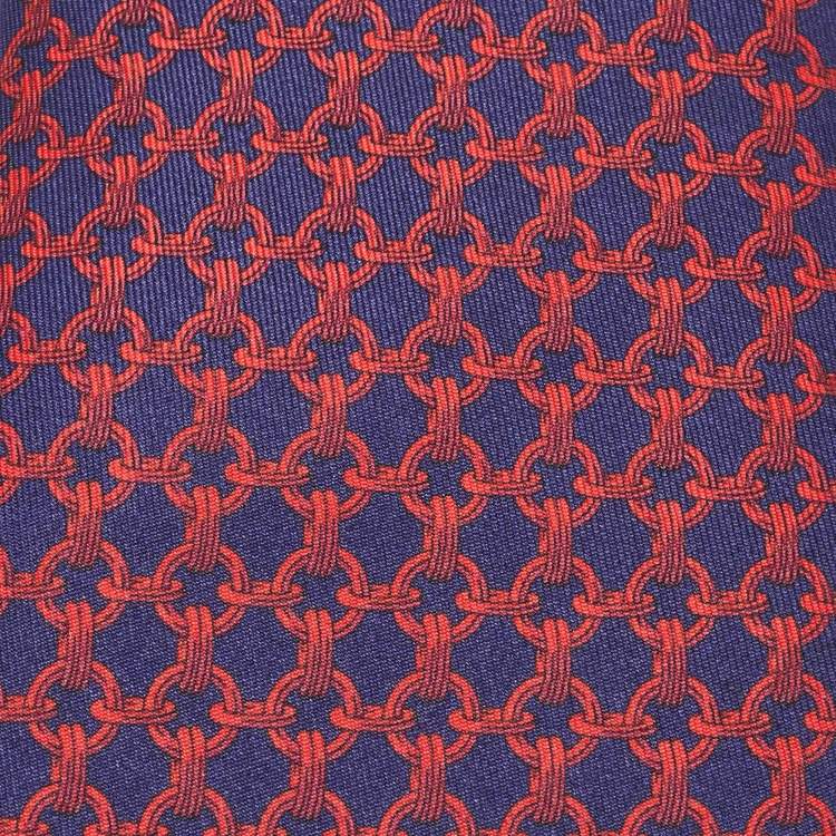 Pre Owned Hermes Blue/Red Chain Print Silk Tie 