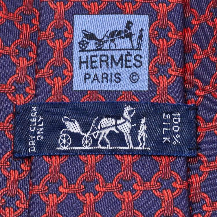 Pre Owned Hermes Blue/Red Chain Print Silk Tie 