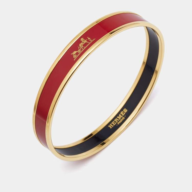 Pre Owned Hermes Caleche Red Enamel Gold Plated Narrow Bangle Bracelet