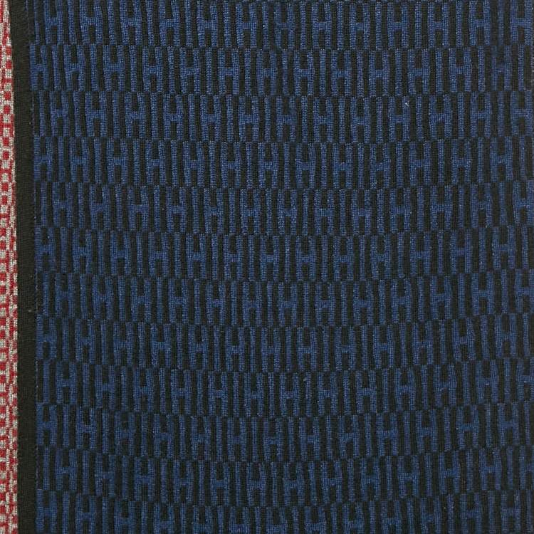 Pre Owned Hermes Black/Blue Logo Patterned Knit Cashmere Blend Muffler